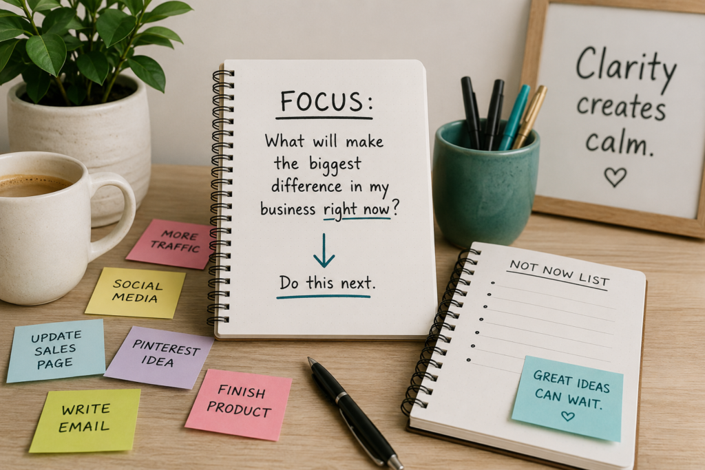 Business planning workspace showing several competing tasks, one clear priority, and a Not Now list.