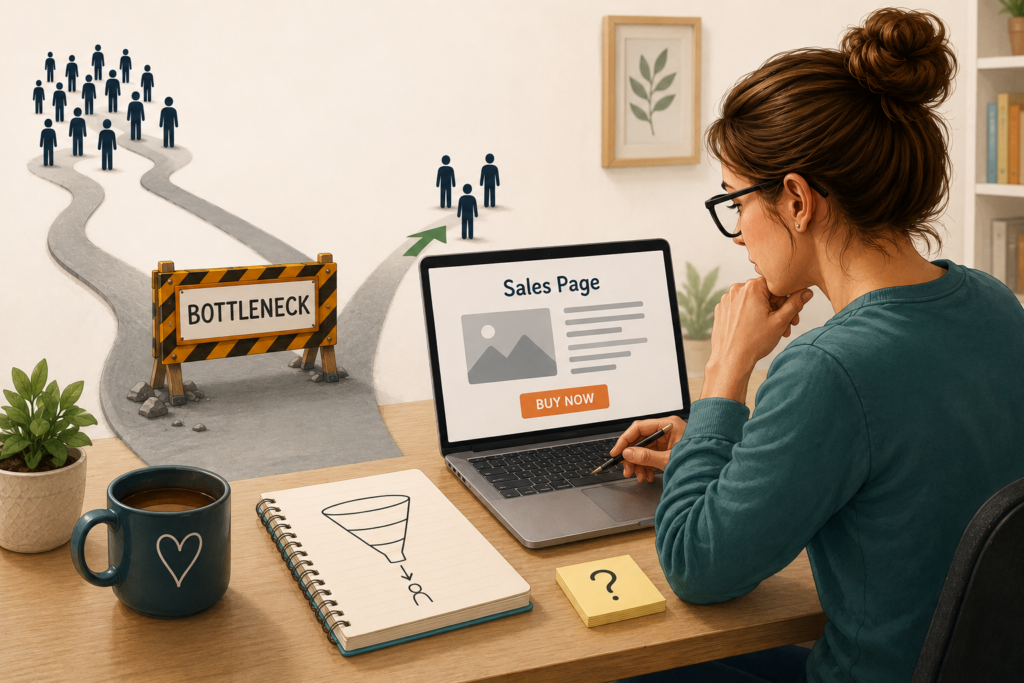 Business owner identifying a traffic bottleneck instead of redesigning her sales page.