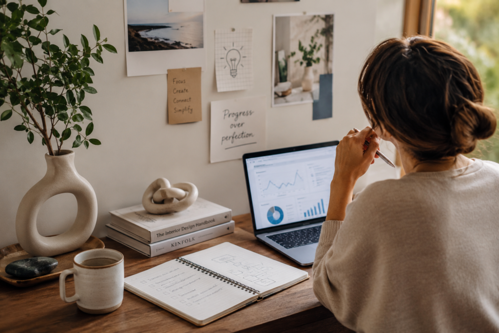 Business owner reviewing results and analytics to make better decisions about growing her business.