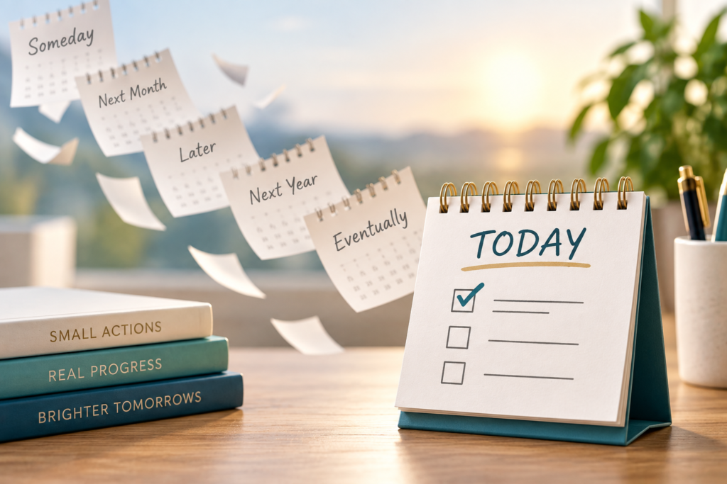 Calendar showing Today with one completed task while future calendar pages labeled Someday, Later, and Next Year float away.