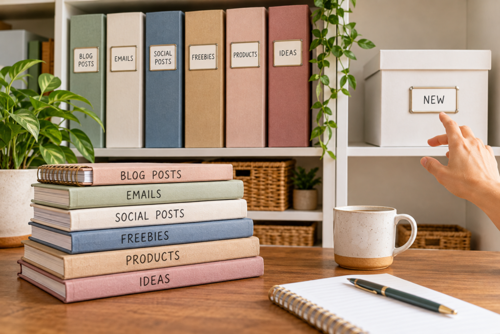 Organized shelves of existing blog posts, emails, social posts, freebies, products, and ideas next to a box labeled New.